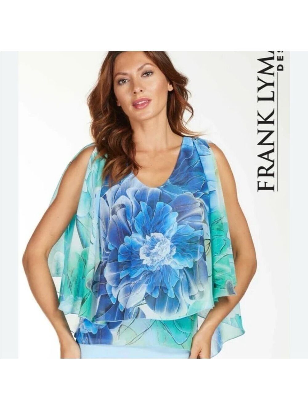 Frank Lyman Design Blue Asymmetrical Flutter Sleeve Blouse